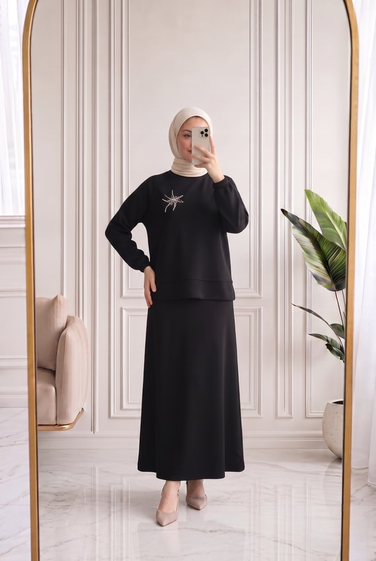 Şahcan Taşlı Etekli Takım-NA3481 Siyah