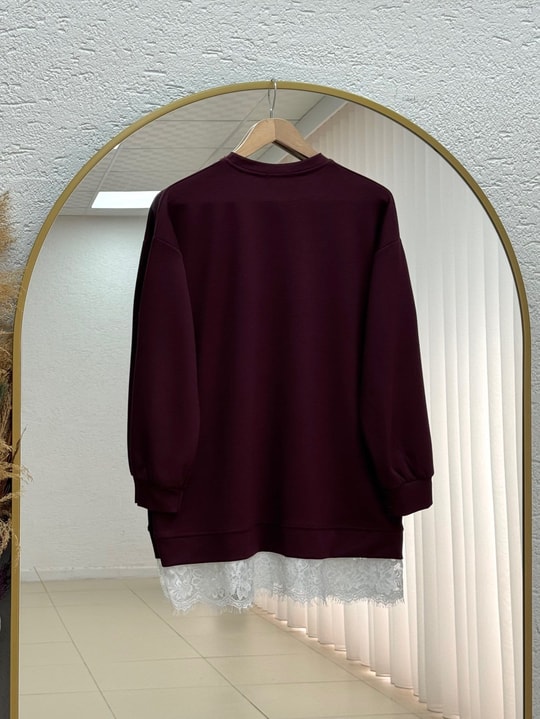 Şahcem Eteği Dantelli Tunik-NA910 Bordo