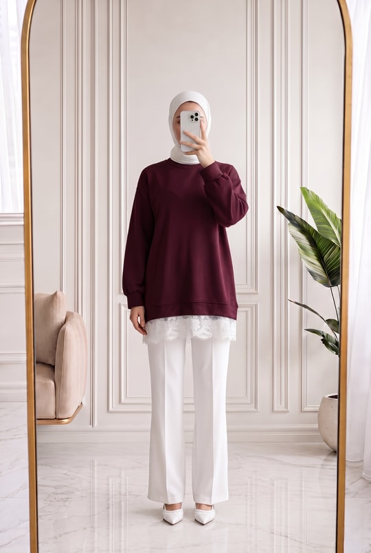 Şahcem Eteği Dantelli Tunik-NA910 Bordo