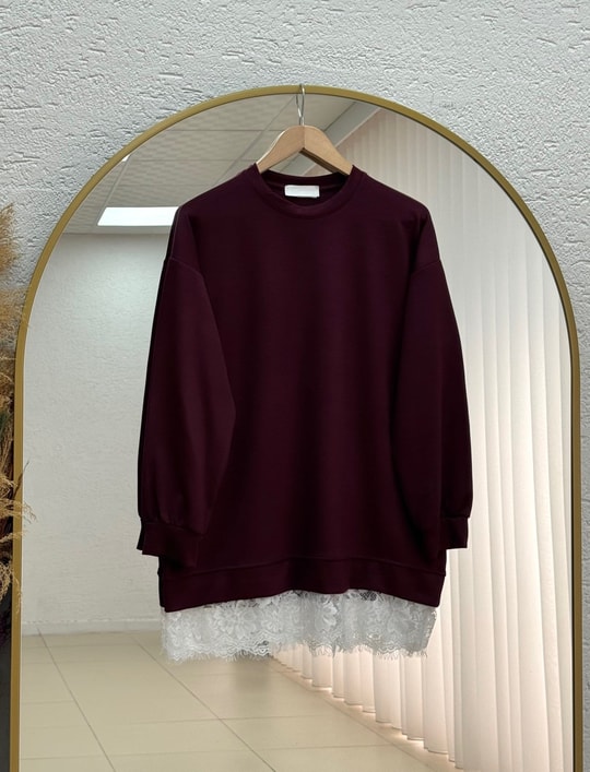 Şahcem Eteği Dantelli Tunik-NA910 Bordo