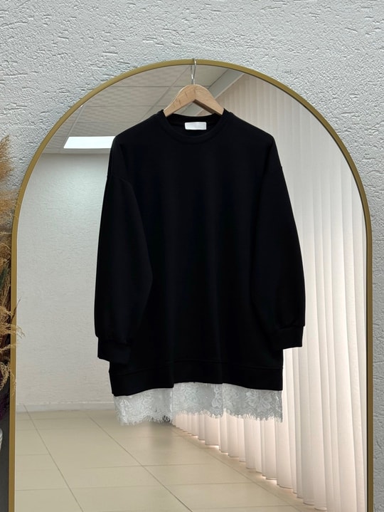 Şahcem Eteği Dantelli Tunik-NA910 Siyah