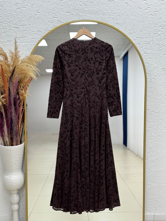 Şahika Flok Desen Dikişli Tül Elbise-PA9822 Kahve