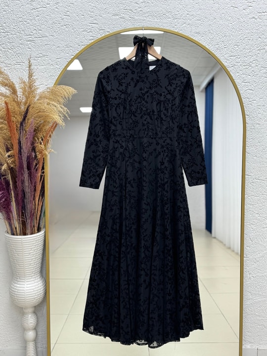 Şahika Flok Desen Dikişli Tül Elbise-PA9822 Siyah