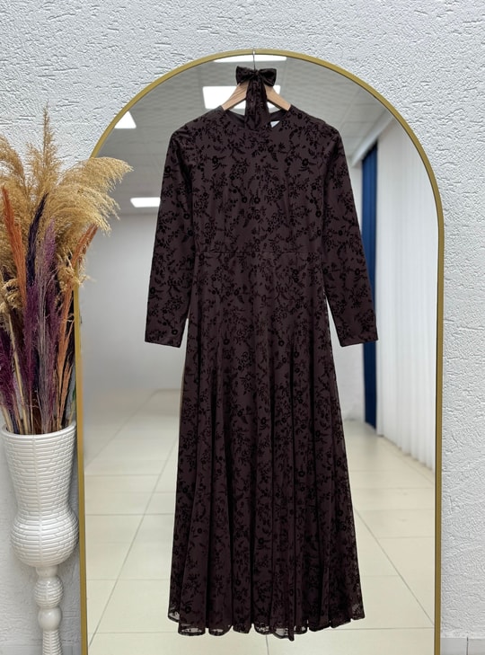 Şahika Flok Desen Dikişli Tül Elbise-PA9822 Kahve