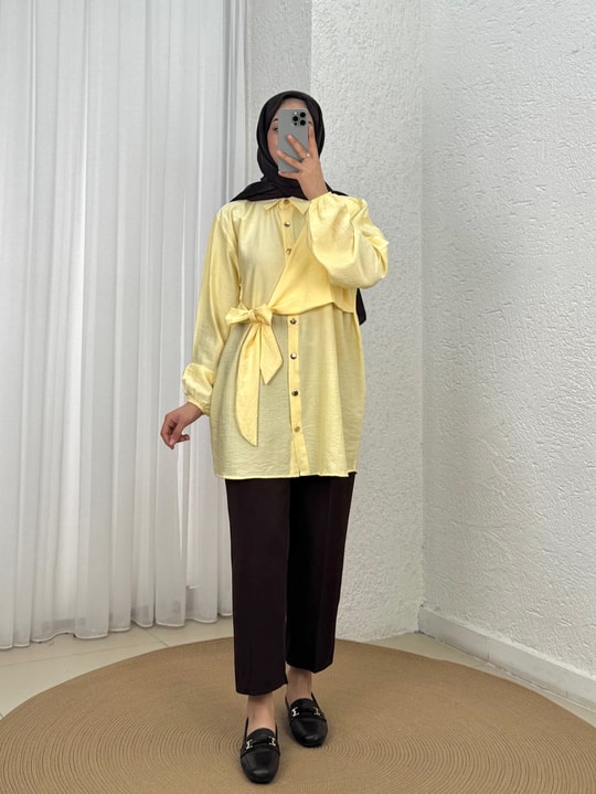 Salkım Yandan Bağlamalı Çilek Gömlek-NA848 Sarı