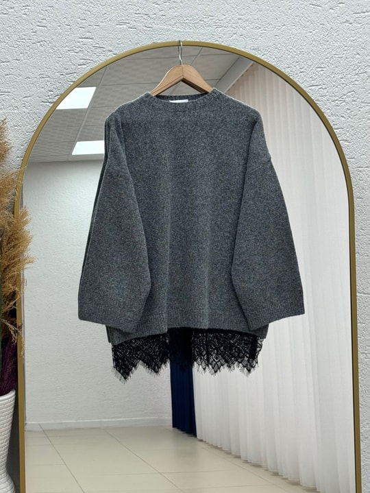 Samira Altı Dantel Detay Triko Tunik-KR6006 Antrasit