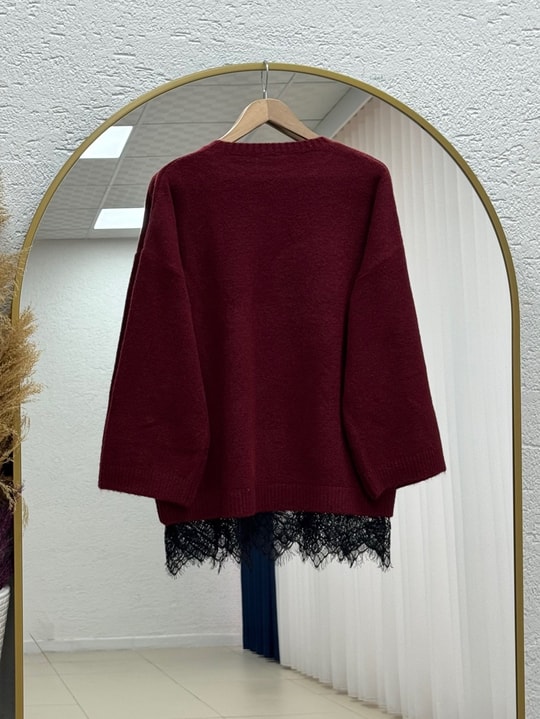Samira Altı Dantel Detay Triko Tunik-KR6006 Bordo