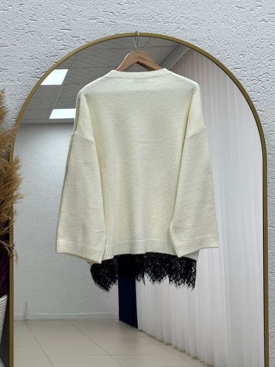 Samira Altı Dantel Detay Triko Tunik-KR6006 Ekru