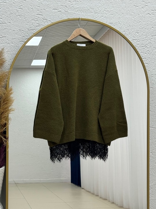 Samira Altı Dantel Detay Triko Tunik-KR6006 Haki