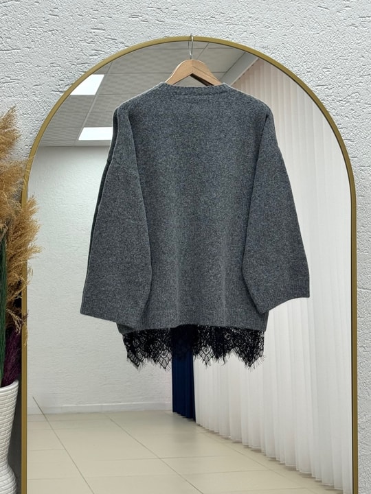 Samira Altı Dantel Detay Triko Tunik-KR6006 Antrasit