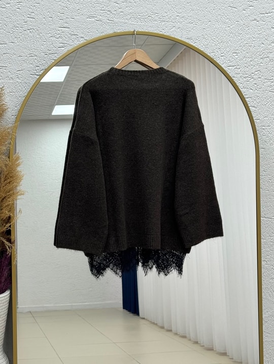 Samira Altı Dantel Detay Triko Tunik-KR6006 Kahve