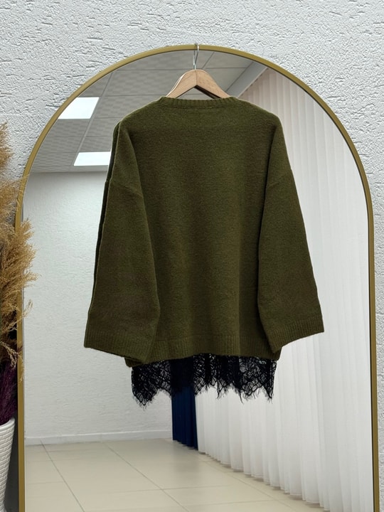 Samira Altı Dantel Detay Triko Tunik-KR6006 Haki