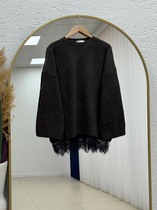 Samira Altı Dantel Detay Triko Tunik-KR6006 Kahve