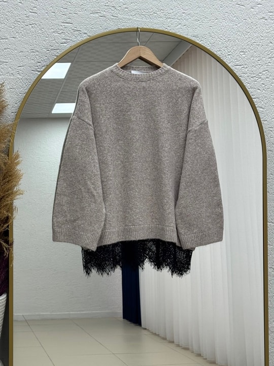 Samira Altı Dantel Detay Triko Tunik-KR6006 Taş