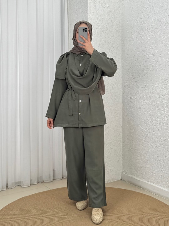 Sanem Metal Düğmeli Şallı Pantolonlu Takım-NA3443 Haki