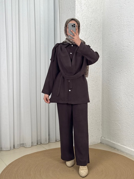 Sanem Metal Düğmeli Şallı Pantolonlu Takım-NA3443 Kahve