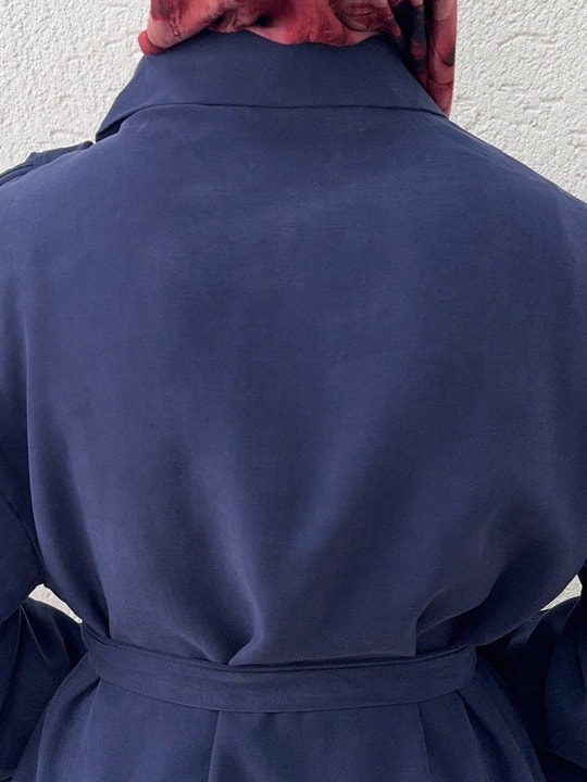 Sanem Metal Düğmeli Şallı Pantolonlu Takım-NA3443 Lacivert
