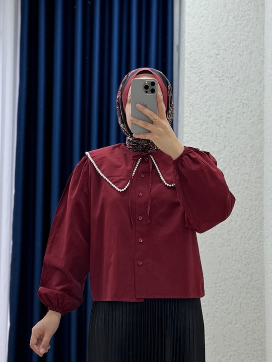 Sanonia Yakası İncili Kısa Poplin Gömlek-NA792 Bordo
