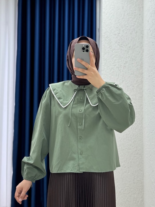 Sanonia Yakası İncili Kısa Poplin Gömlek-NA792 Yeşil