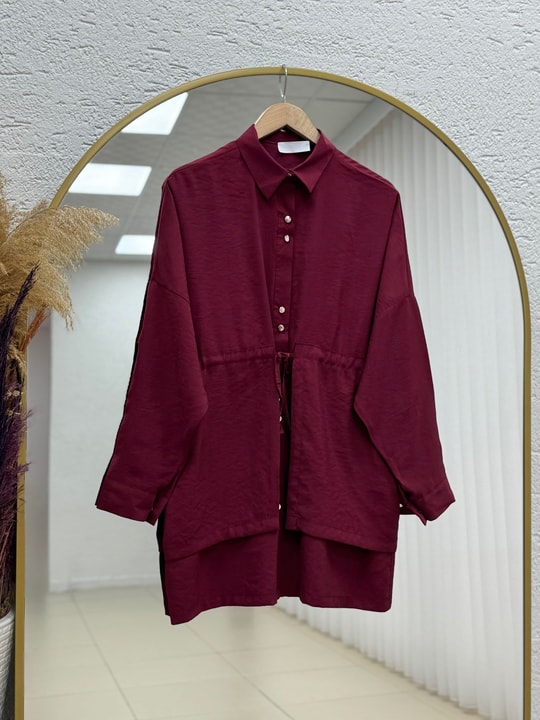 Saye Pelerinli Beli Tünelli Gömlek-BN4659 Bordo