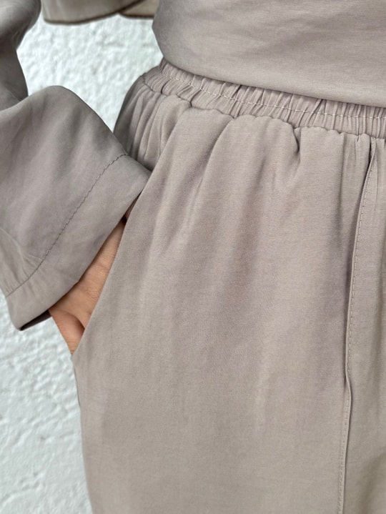 Seda Gizli Cepli Gold Düğmeli Ceketli Pantolonlu Takım-GS527 Vizon