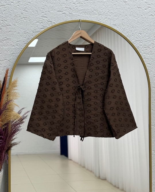 Şelale Püsküllü Bağlamalı Kimono-Zİ3141 Kahve