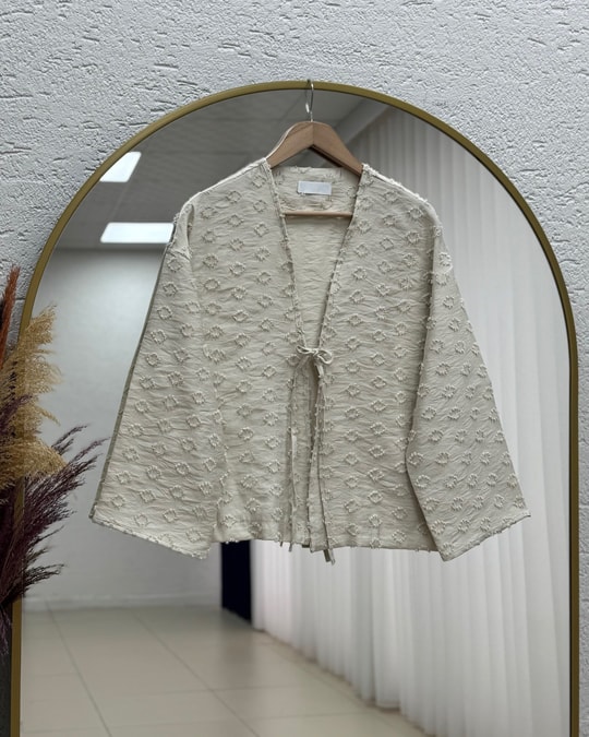 Şelale Püsküllü Bağlamalı Kimono-Zİ3141 Taş