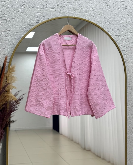 Şelale Püsküllü Bağlamalı Kimono-Zİ3141 Pembe