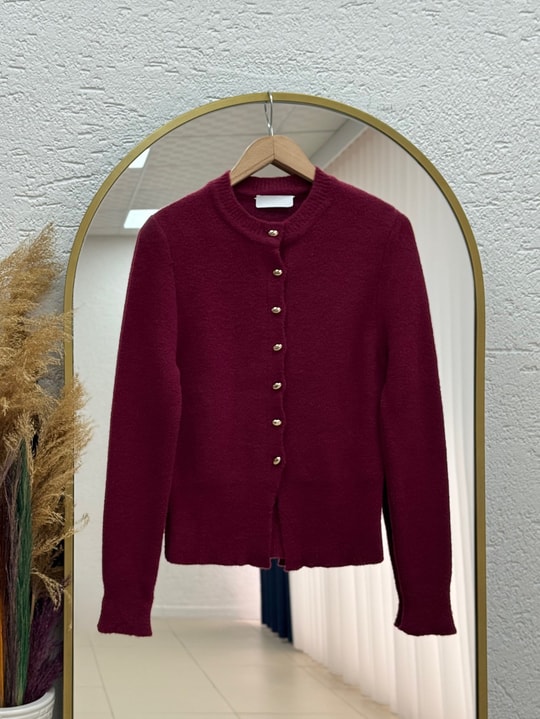 Selcan Mini Gold Düğmeli Altı Fitilli Triko Hırka-KR6030 Bordo