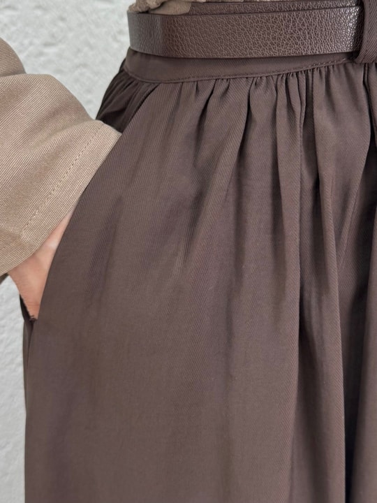 Seniha Büzgülü Çift Cepli Kemerli Etek-PA203 Kahve