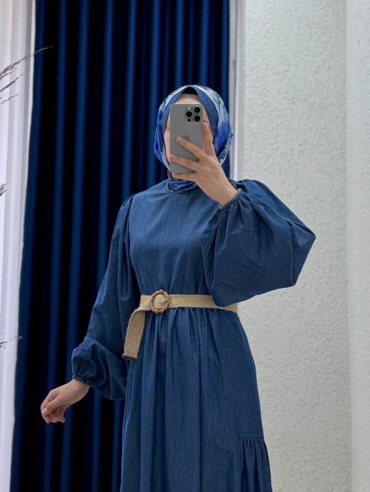 Serana Kemerli Robalı Kot Elbise-HE2869 Kot Rengi