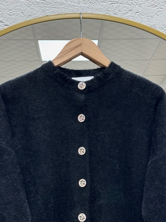 Seray Gold Düğmeli Uzun Peluş Hırka-KR6011 Siyah