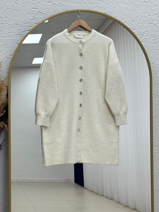 Seray Gold Düğmeli Uzun Peluş Hırka-KR6011 Krem