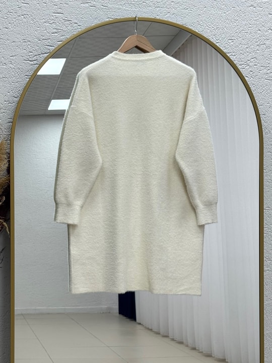 Seray Gold Düğmeli Uzun Peluş Hırka-KR6011 Krem