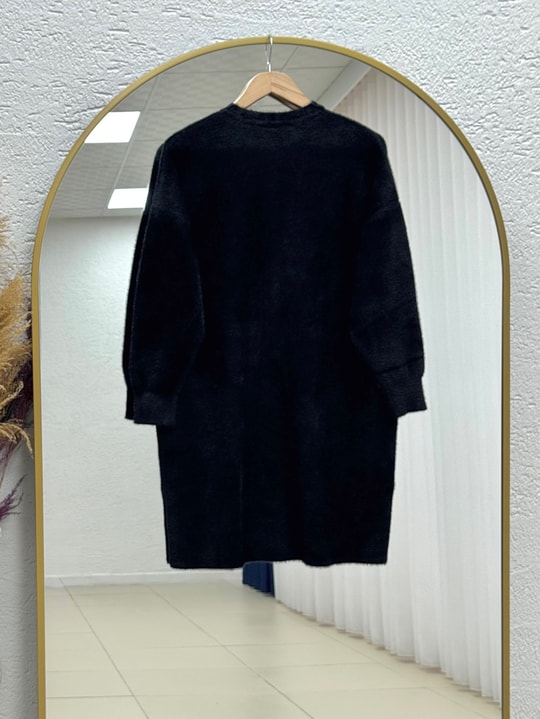 Seray Gold Düğmeli Uzun Peluş Hırka-KR6011 Siyah
