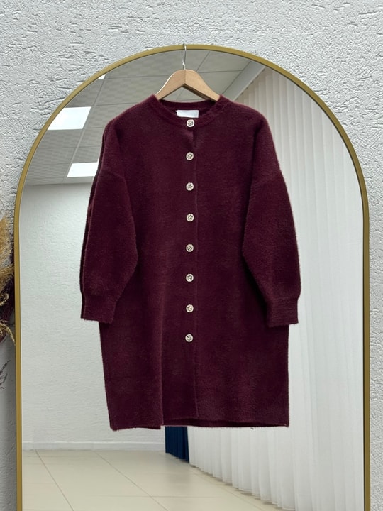 Seray Gold Düğmeli Uzun Peluş Hırka-KR6011 Bordo