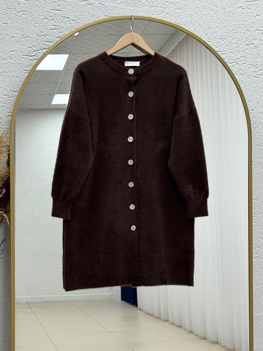Seray Gold Düğmeli Uzun Peluş Hırka-KR6011 Kahve