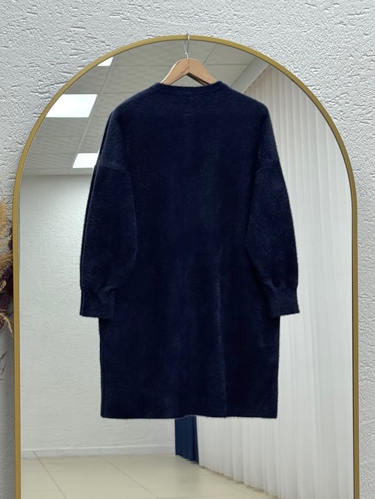 Seray Gold Düğmeli Uzun Peluş Hırka-KR6011 Lacivert