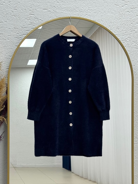 Seray Gold Düğmeli Uzun Peluş Hırka-KR6011 Lacivert