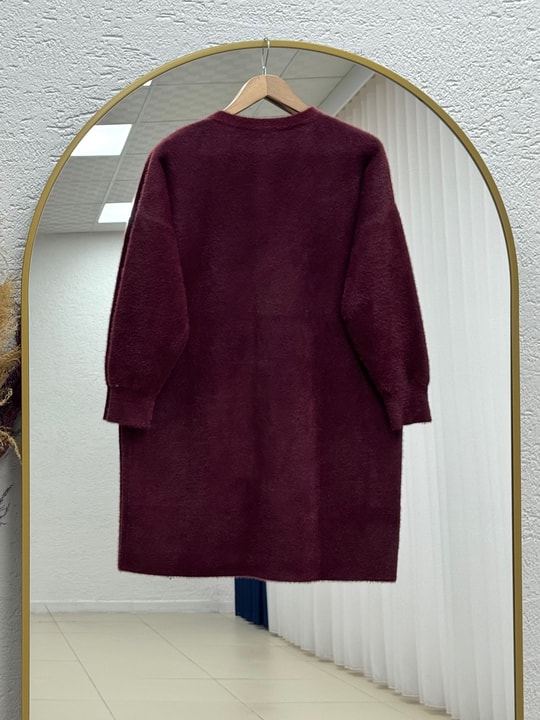 Seray Gold Düğmeli Uzun Peluş Hırka-KR6011 Bordo