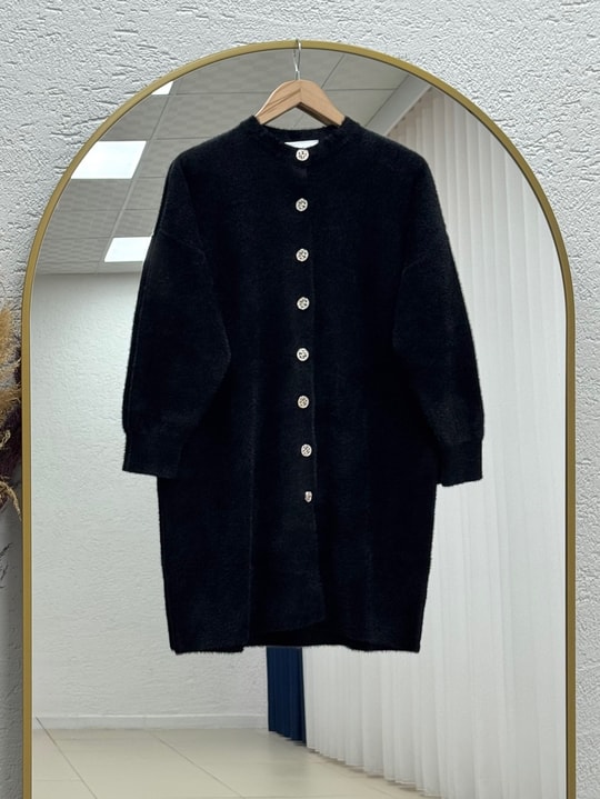 Seray Gold Düğmeli Uzun Peluş Hırka-KR6011 Siyah