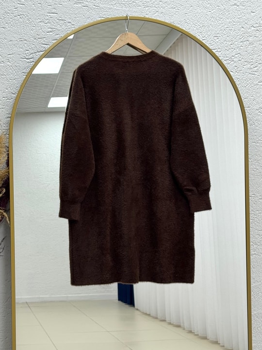 Seray Gold Düğmeli Uzun Peluş Hırka-KR6011 Kahve