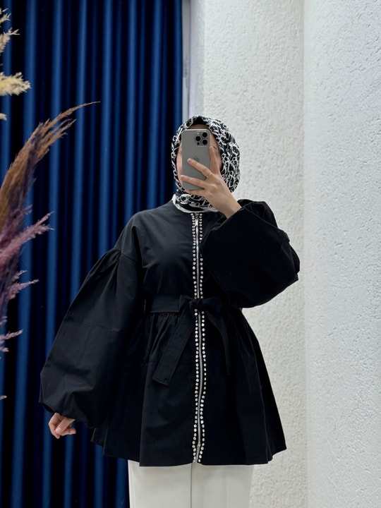 Serenya Taş Detaylı Fermuarlı Ceket-Çİ474 Siyah