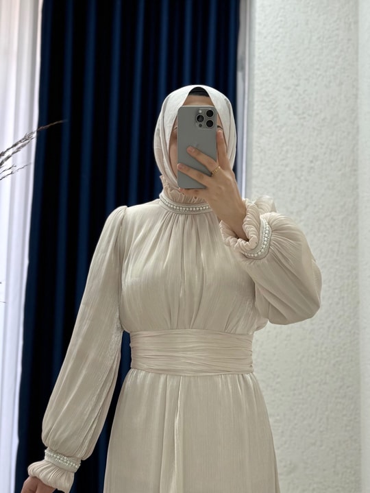 Serola Kol Ucu ve Boyun Kısmı İncili Janjan Abiye-PA9659 Taş