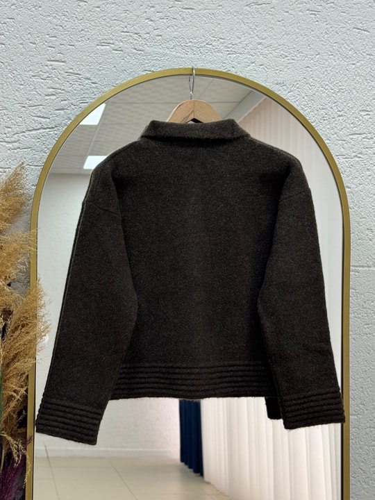 Seval Kol Ucu Ve Altı Çizgili Yakalı Triko Hırka-KR6004 Kahve