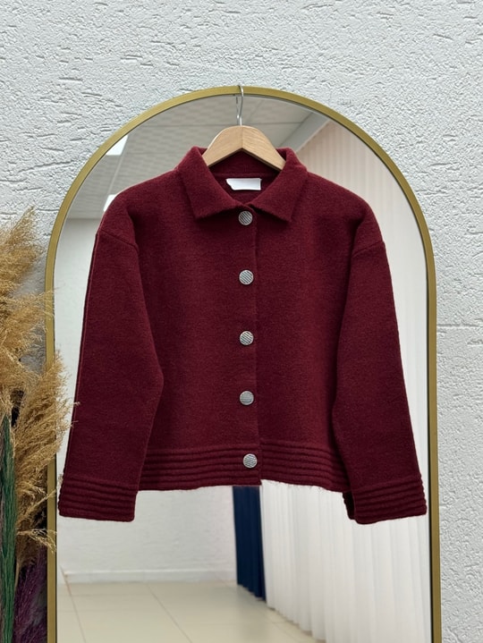 Seval Kol Ucu Ve Altı Çizgili Yakalı Triko Hırka-KR6004 Bordo