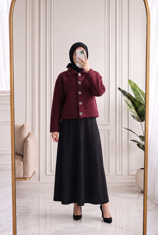 Seval Kol Ucu Ve Altı Çizgili Yakalı Triko Hırka-KR6004 Bordo