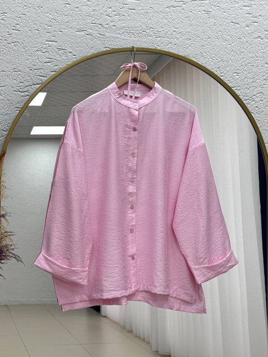 Şeyma Kendinden Desenli Geniş Kol Gömlek-Çİ943 Pembe