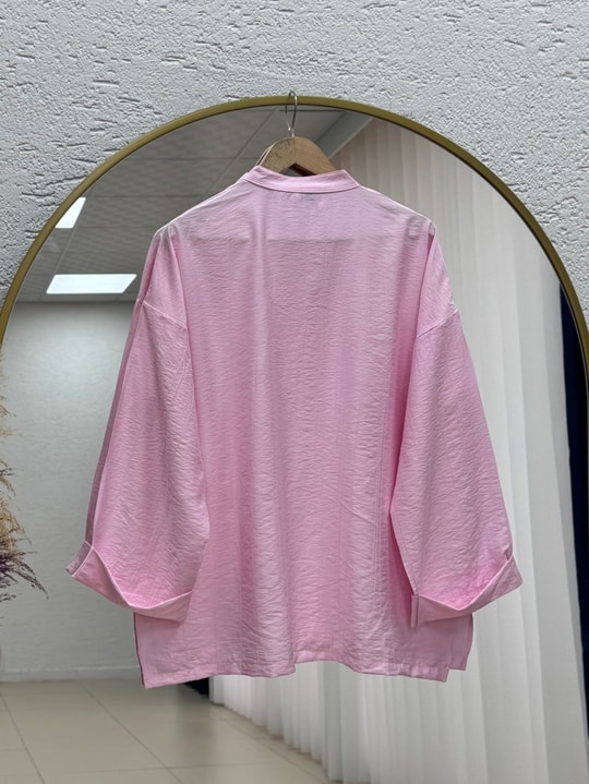 Şeyma Kendinden Desenli Geniş Kol Gömlek-Çİ943 Pembe