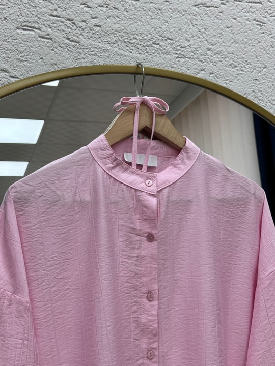 Şeyma Kendinden Desenli Geniş Kol Gömlek-Çİ943 Pembe